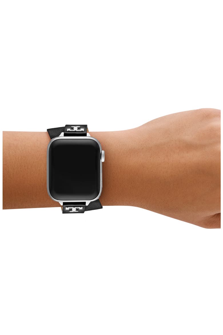 The T Double Wrap Leather Apple Watch® Watchband, Alternate, color, BLACK