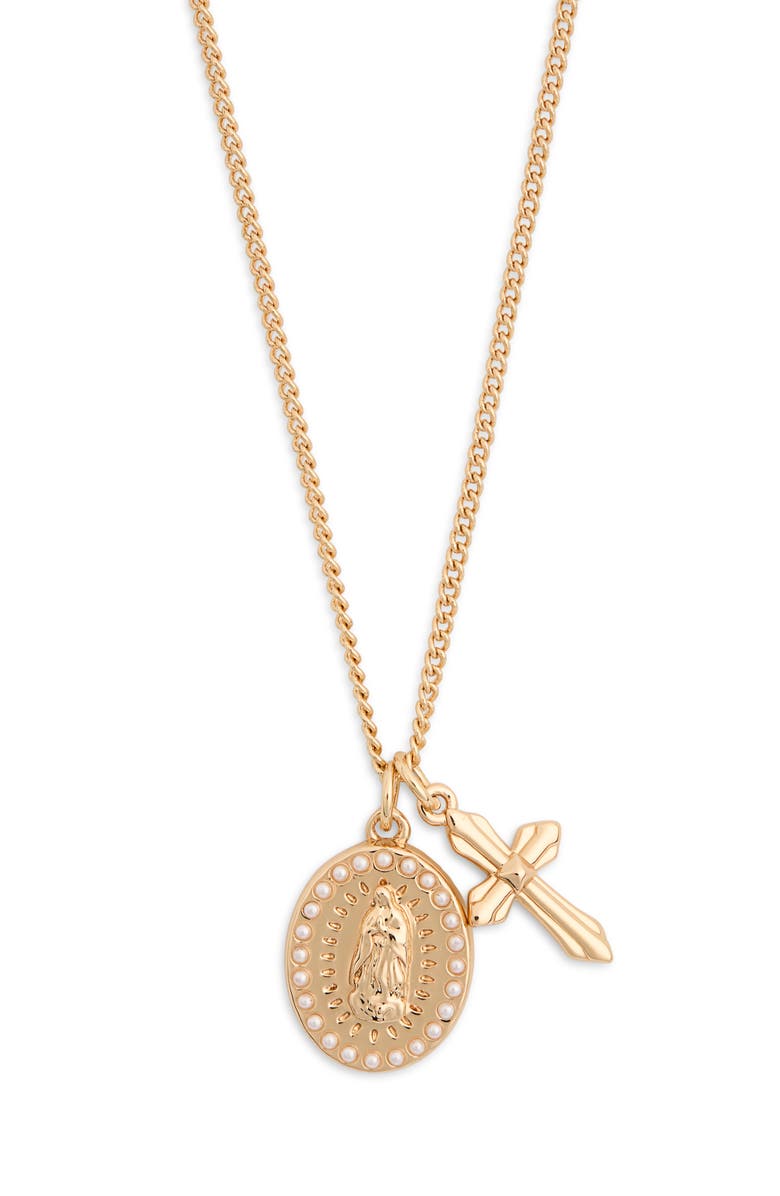 AllSaints Saint & Cross Pendant Necklace, Main, color, Pearl/ Gold