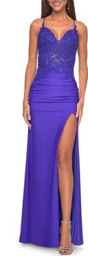 La Femme Jersey Prom Dress with Illusion Sides and V-Neckline