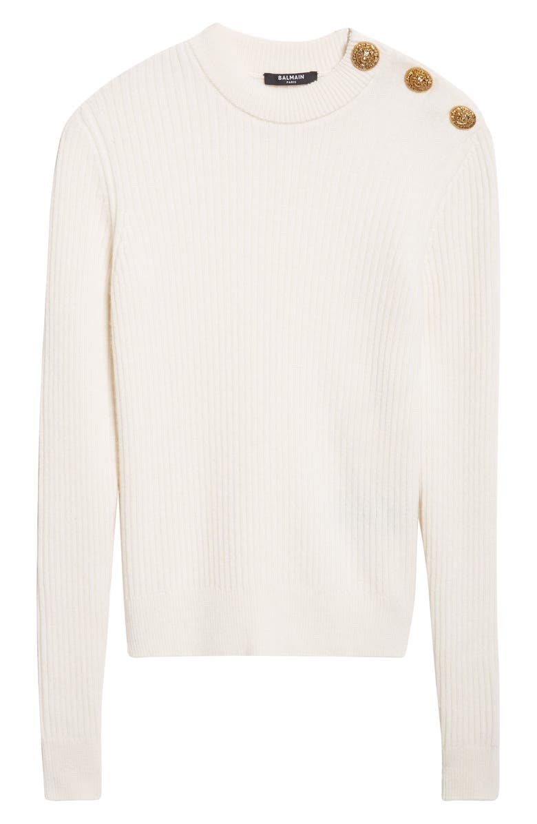 Balmain Button Detail Ribbed Cashmere Sweater, Alternate, color, Natural