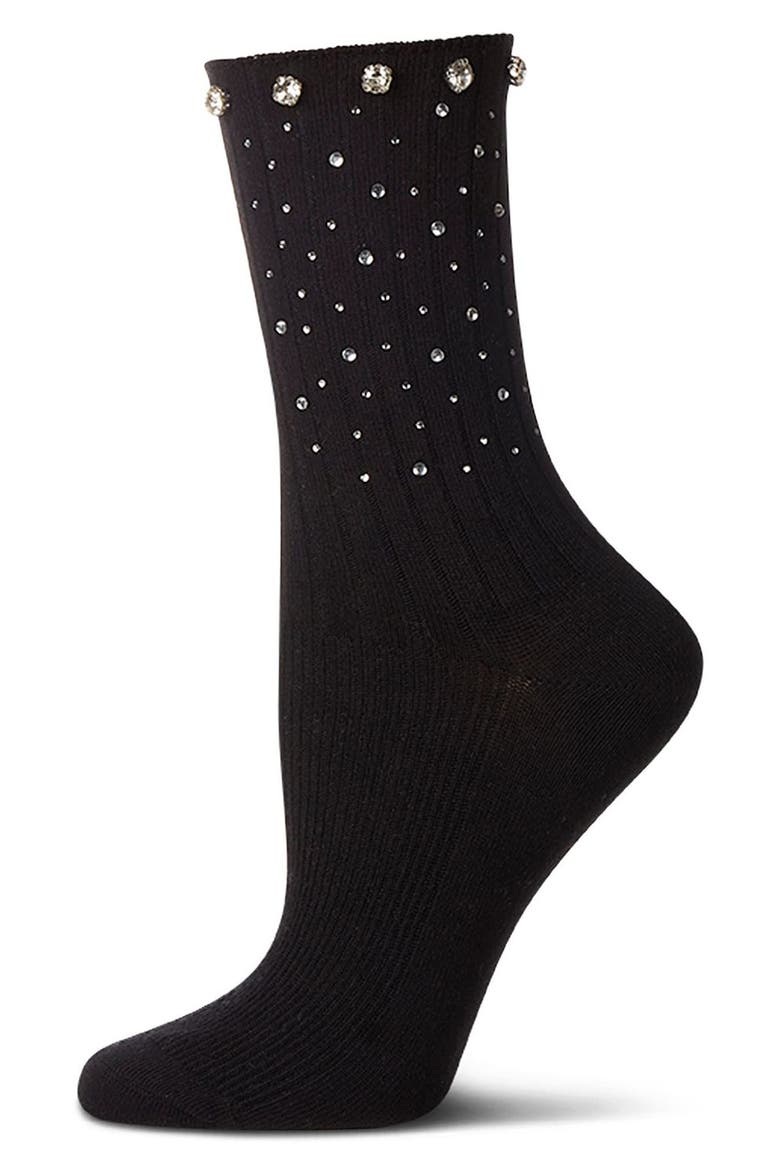 Rhinestone Rib Crew Socks, Main, color, BLACK