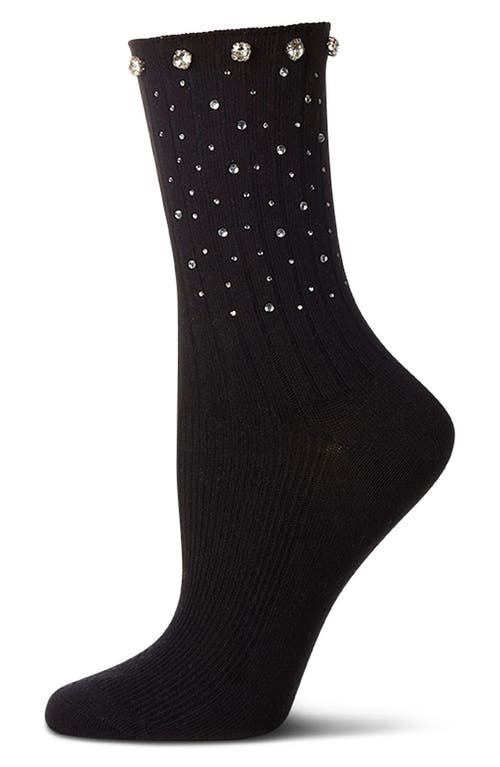 Memoi Rhinestone Rib Crew Socks In Black