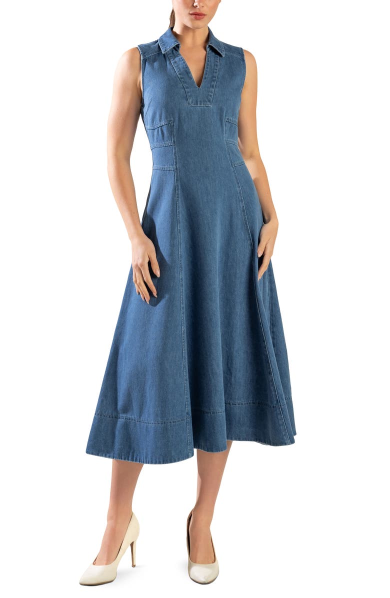 FREEMARKET Sleeveless Washed Denim Midi Dress, Main, color, Medium Denim