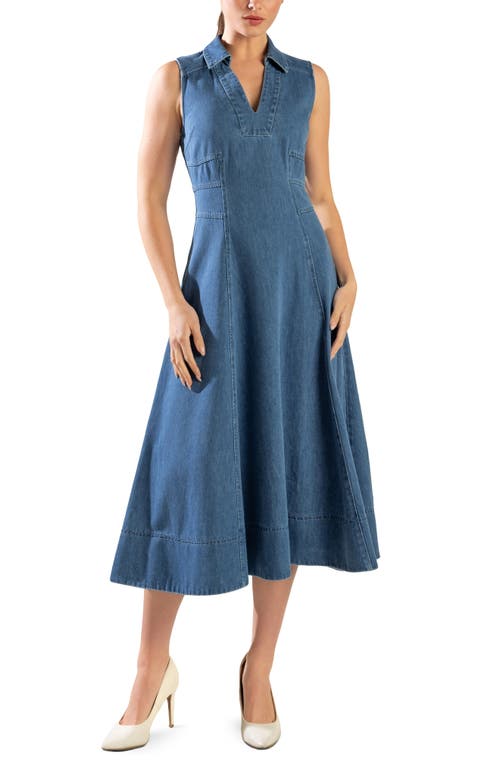 Freemarket Sleeveless Washed Denim Midi Dress In Medium Denim