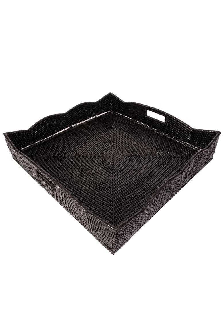 Artifacts Rattan Scallop Square Tray With Glass Insert, Main, color, Tudor Black