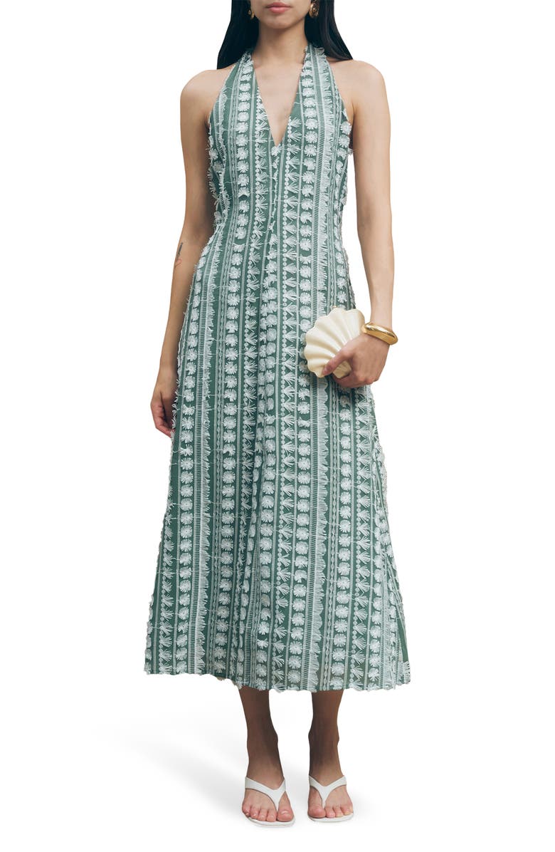 MAUDE CLUB Tussah Mixed Embroidery Halter Neck Maxi Dress, Main, color, Green