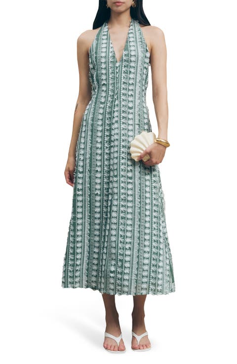 Tussah Mixed Embroidery Halter Neck Maxi Dress