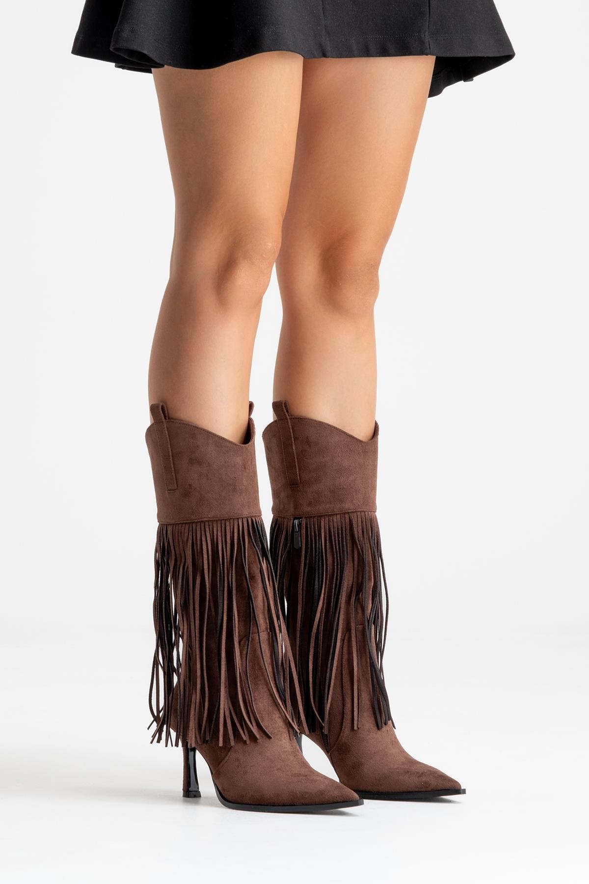 Gueras Fringe Pointed Toe Boot, Alternate, color, Brown Suede Faux Leather
