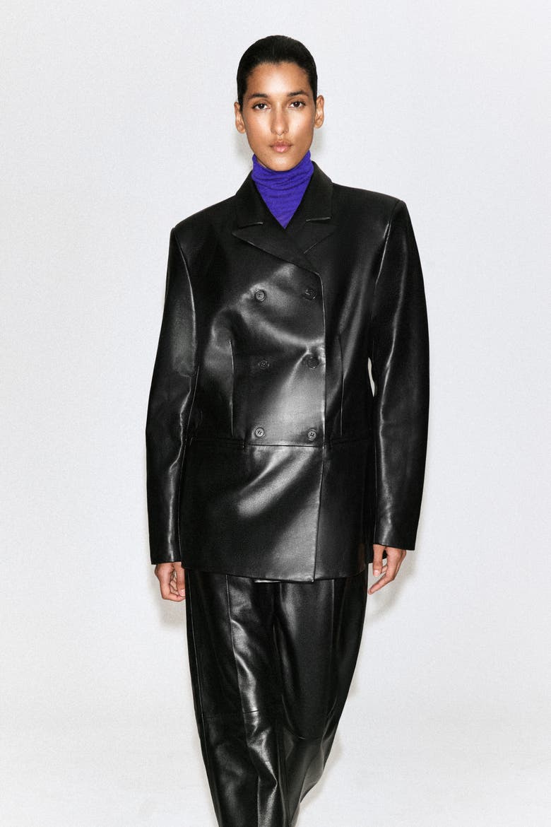 Leather Double-Breasted Blazer, Alternate, color, BLACK
