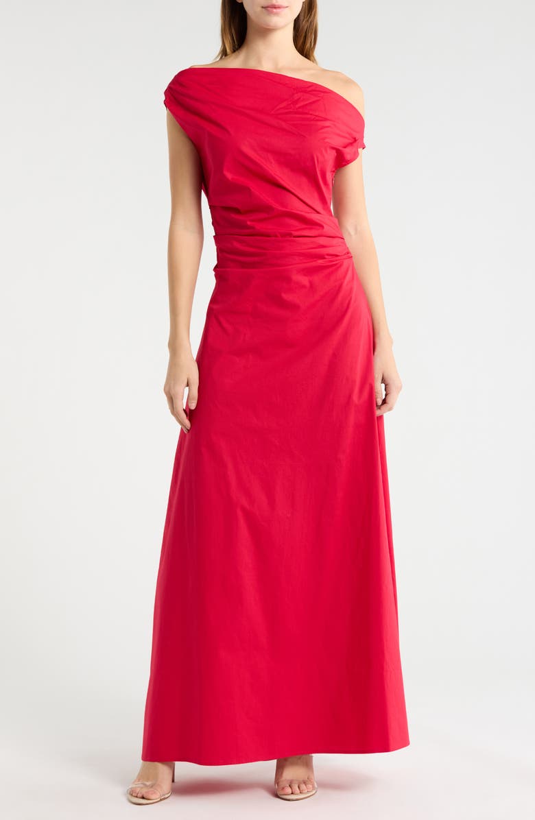 STAUD Phare One-Shoulder Stretch Cotton Maxi Dress, Main, color, Cherry