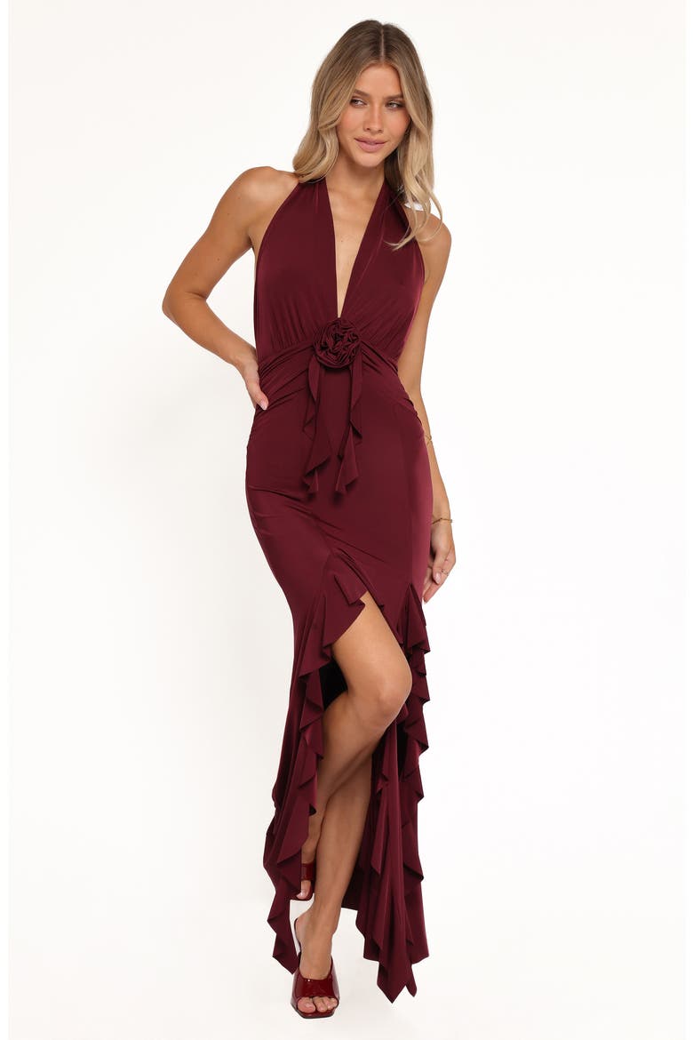 Leowna Ruffle Detail Halter Neck Maxi Dress, Alternate, color, BURGUNDY