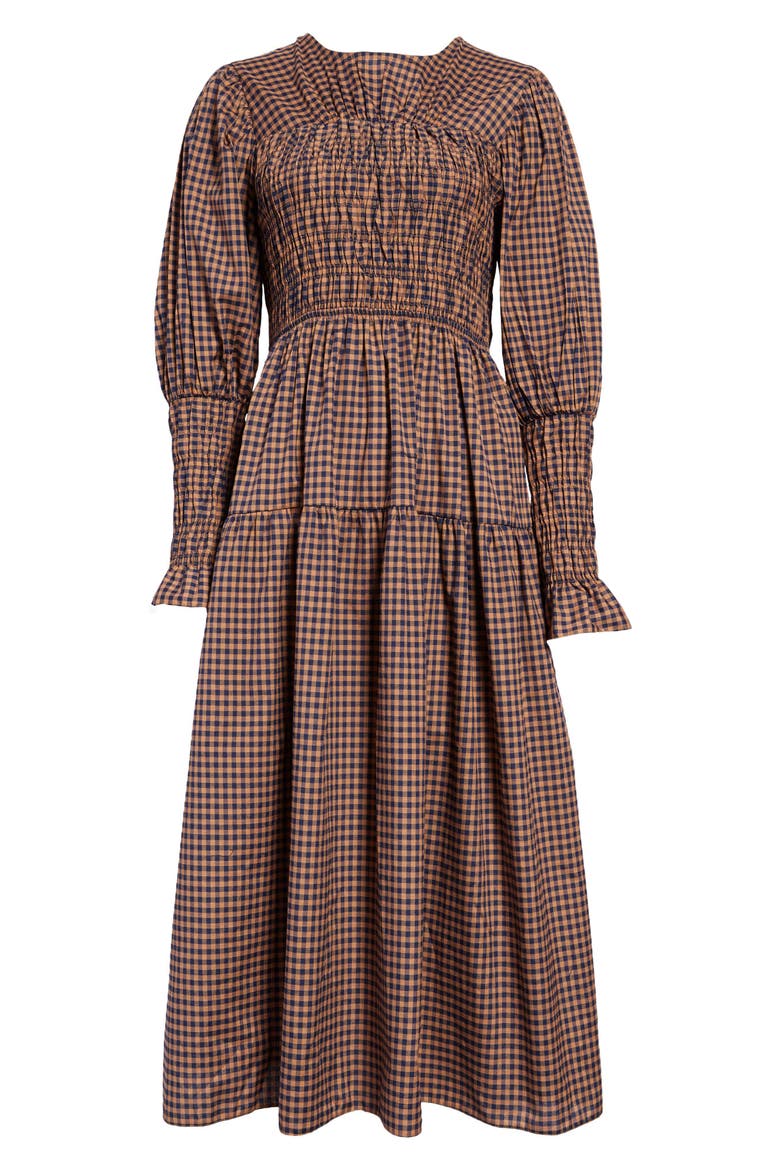 Women's Check Tiered Long Sleeve Midi Dress, Main, color, BROWN MULTI