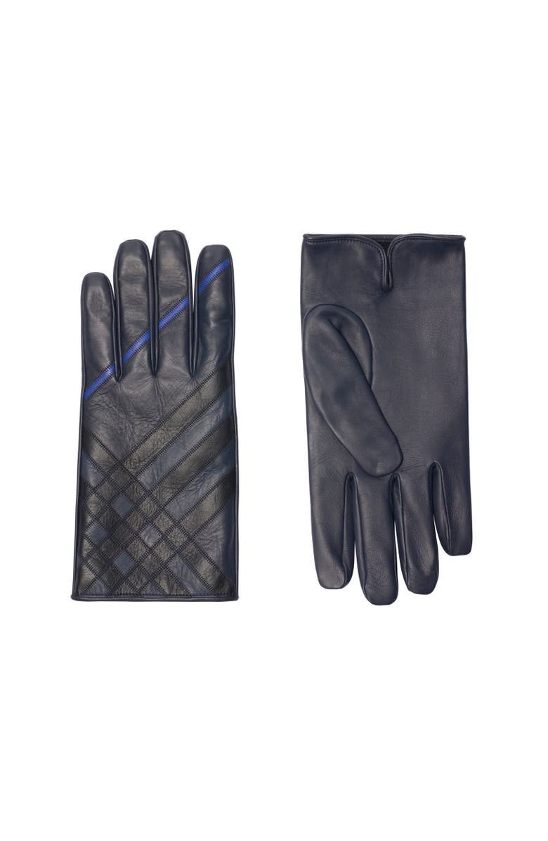 Burberry Check Intarsia Leather Gloves, Alternate, color, Storm Blue