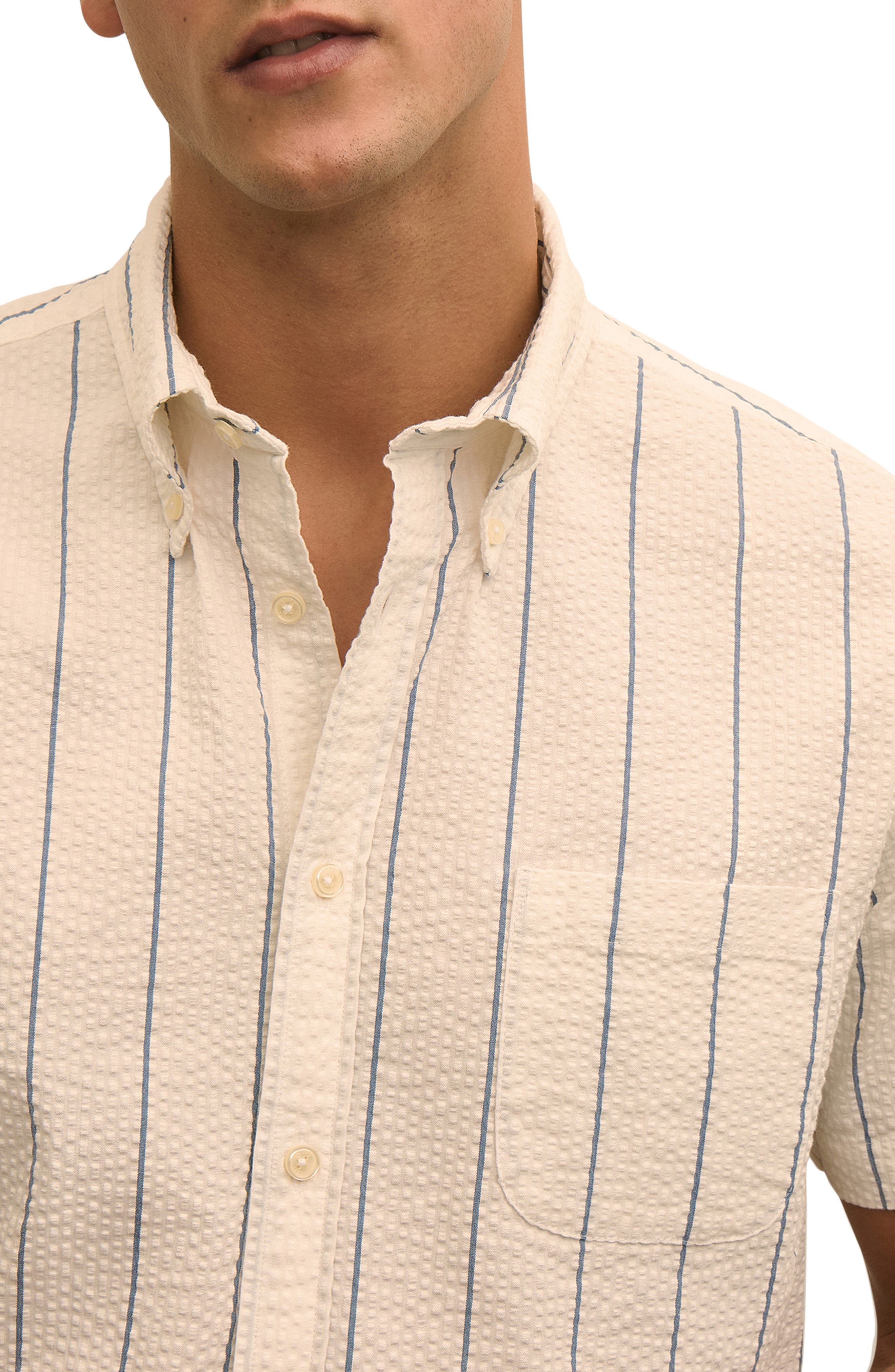 Stripe Short Sleeve Stretch Seersucker Button-Down Shirt - image 2