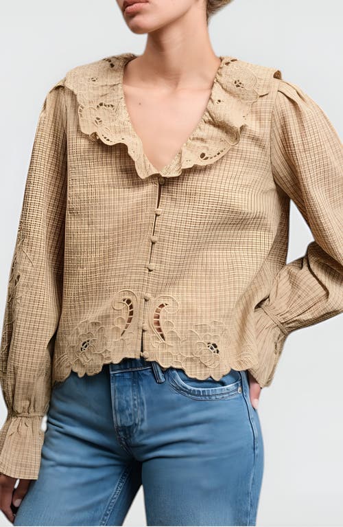 Modenaire Embroidered Scallop Trim Ruffle Collar Long Sleeve Blouse In Brown