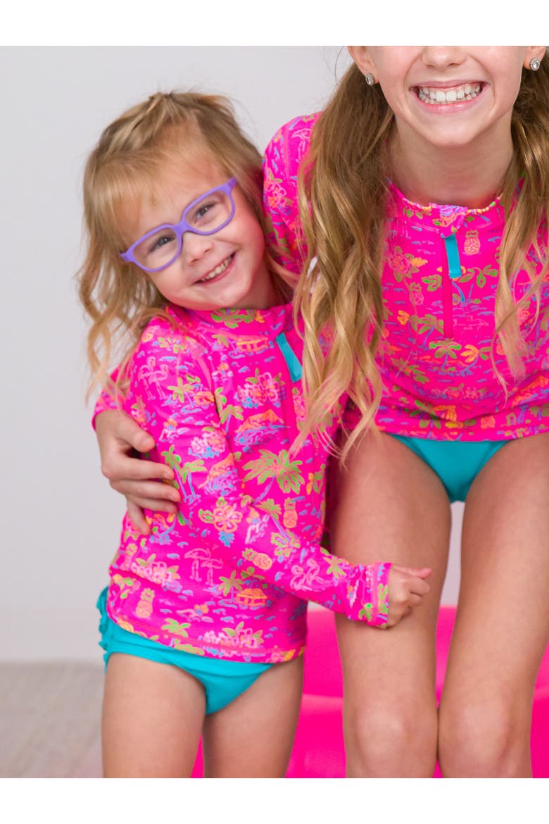 Toddler Girls UPF50+ Long Sleeve Zipper Rash Guard 2-Piece, Alternate, color, Neon Island Time