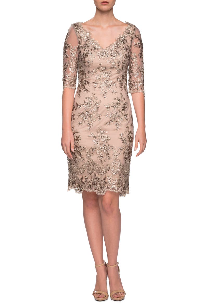 Embroidered Lace Sheath Dress, Main, color, GOLD/ NUDE