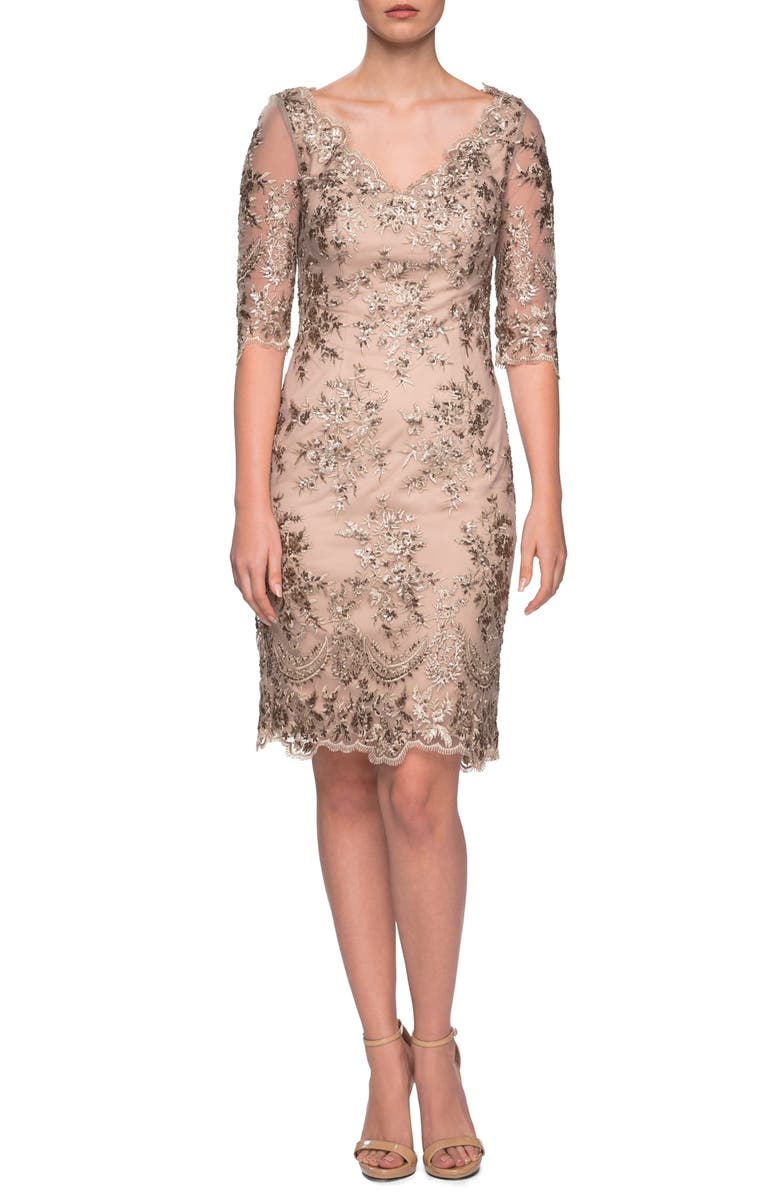 La Femme Embroidered Lace Sheath Dress, Main, color,