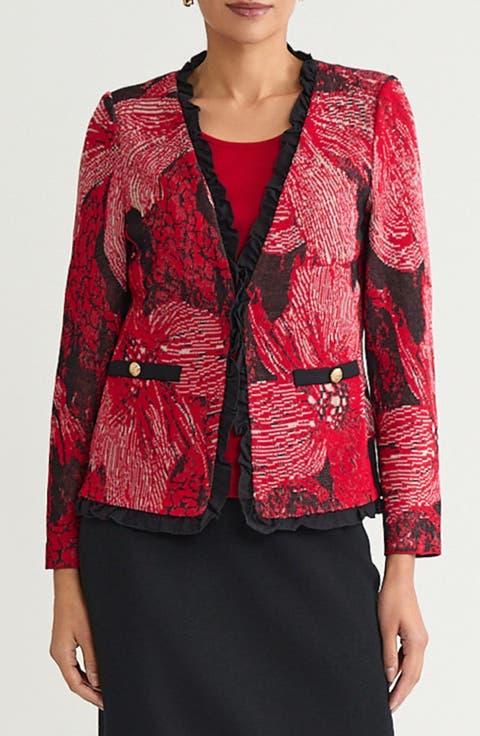 Floral Jacquard Ruffle Trim Jacket