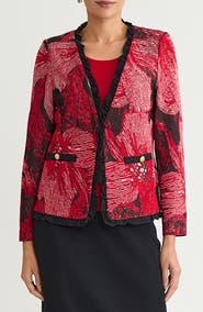 Ming Wang Floral Jacquard Ruffle Trim Jacket
