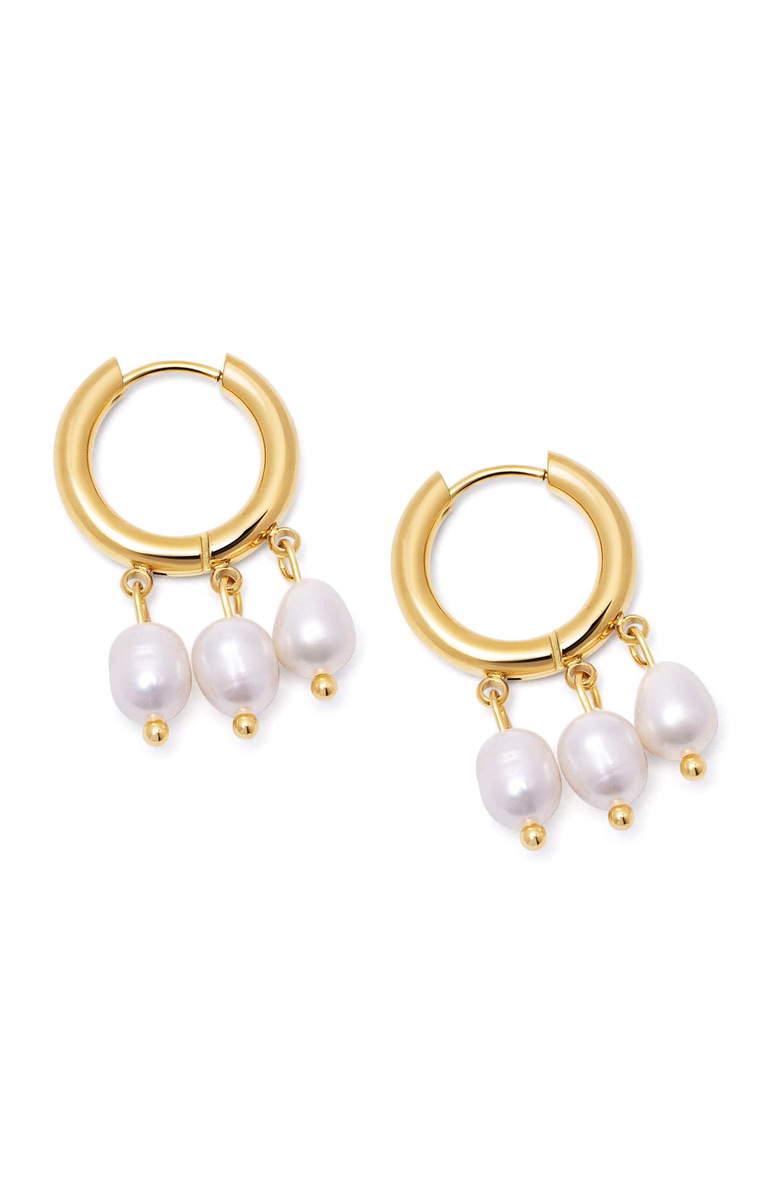 Nialaya Triple Drop Pearl Hoops, Main, color, Gold