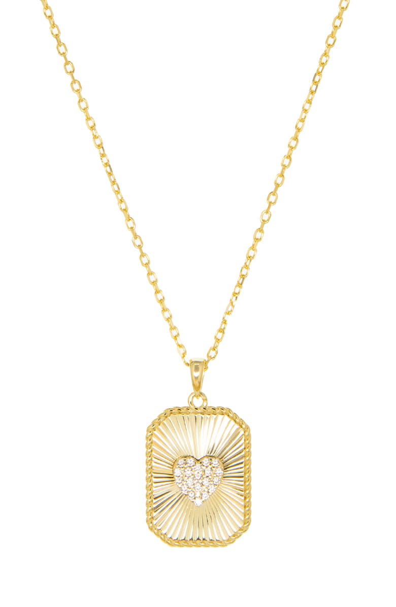 MARLYN SCHIFF Pavé Heart Etched Tag Pendant Necklace, Main, color, Gold Plated