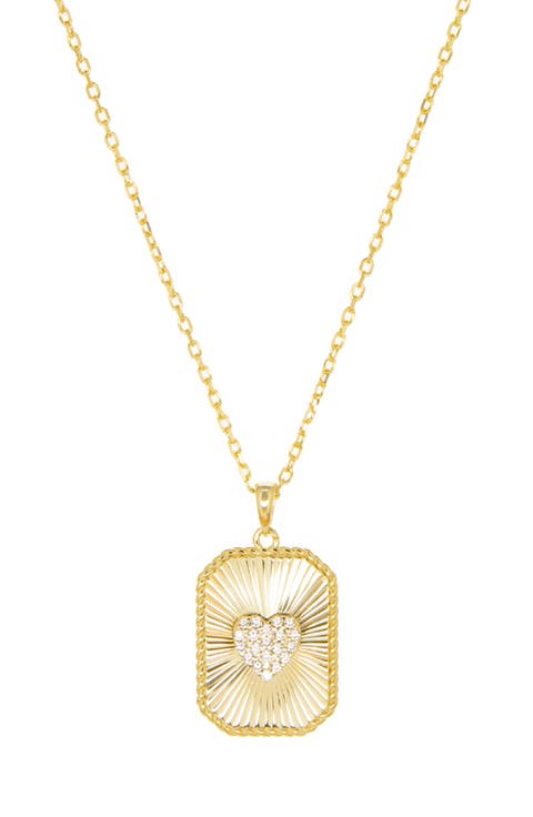 Pavé Heart Etched Tag Pendant Necklace