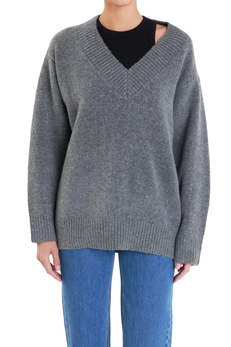 Oversize V-Neck Sweater, Alternate, color, CHARCOAL