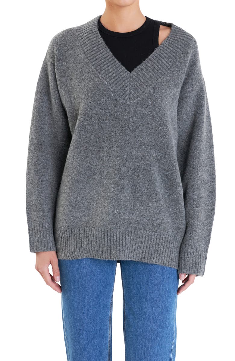 English Factory Oversize V-Neck Sweater, Alternate, color, Charcoal