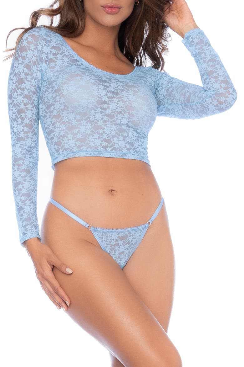 Lace Long Sleeve Crop Top & Thong Set, Main, color, LIGHT BLUE