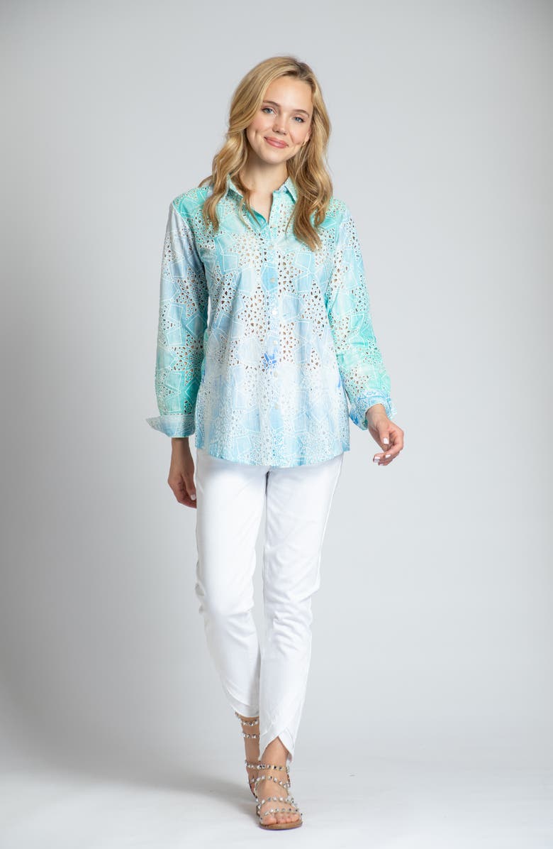 APNY Print Roll-Up Sleeve Cotton Eyelet Button-Up Shirt, Alternate, color, 