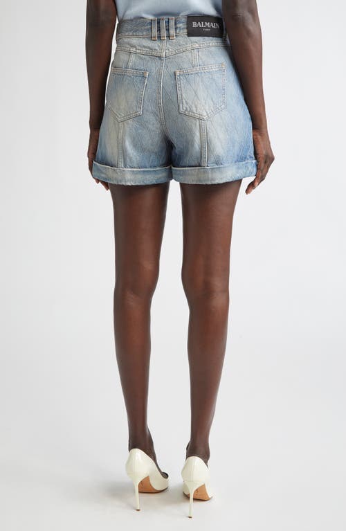 Balmain Quilted High Waist Denim Shorts In Blue