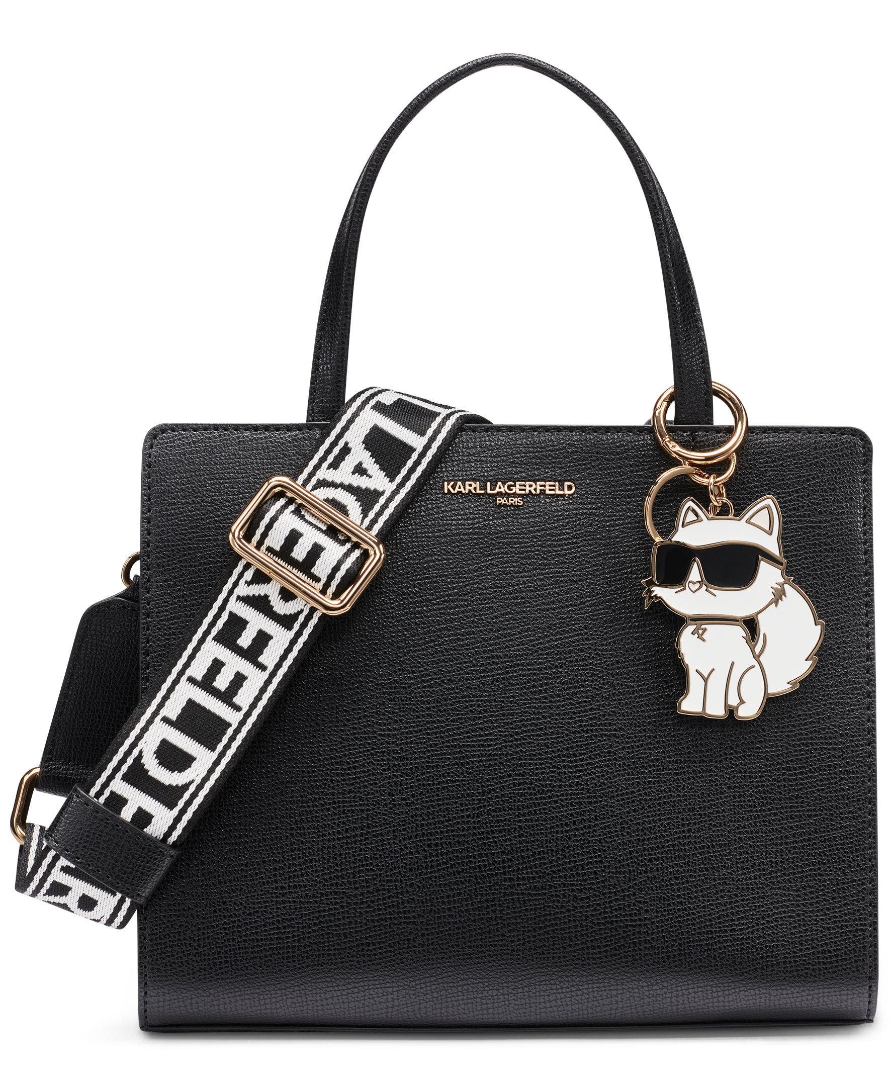 KARL LAGERFELD PARIS Maybelle Satchel with Choupette Hang Off, Main, color, Black/Gold