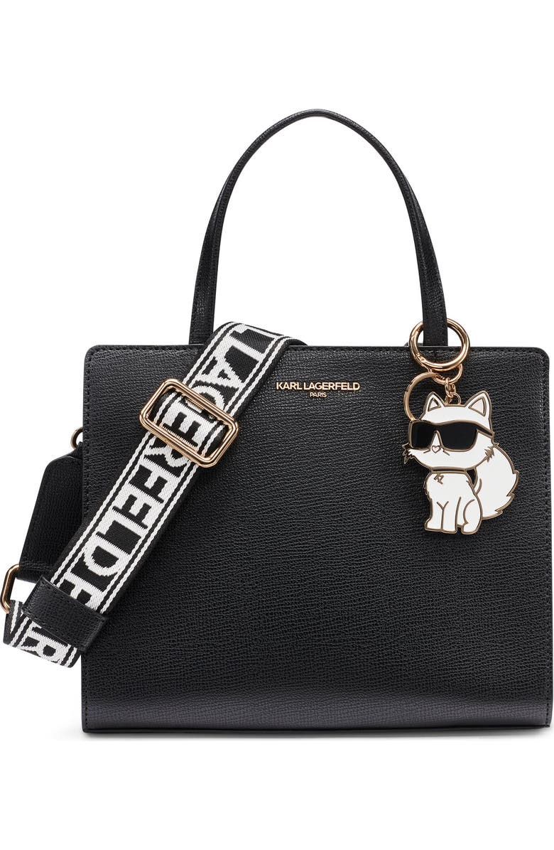 KARL LAGERFELD PARIS Maybelle Satchel with Choupette Hang Off, Main, color, Black/Gold