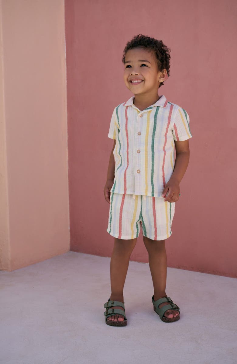 NEXT Kids' Stripe Cotton Seersucker Camp Shirt & Drawstring Shorts Set, Alternate, color, Neutral