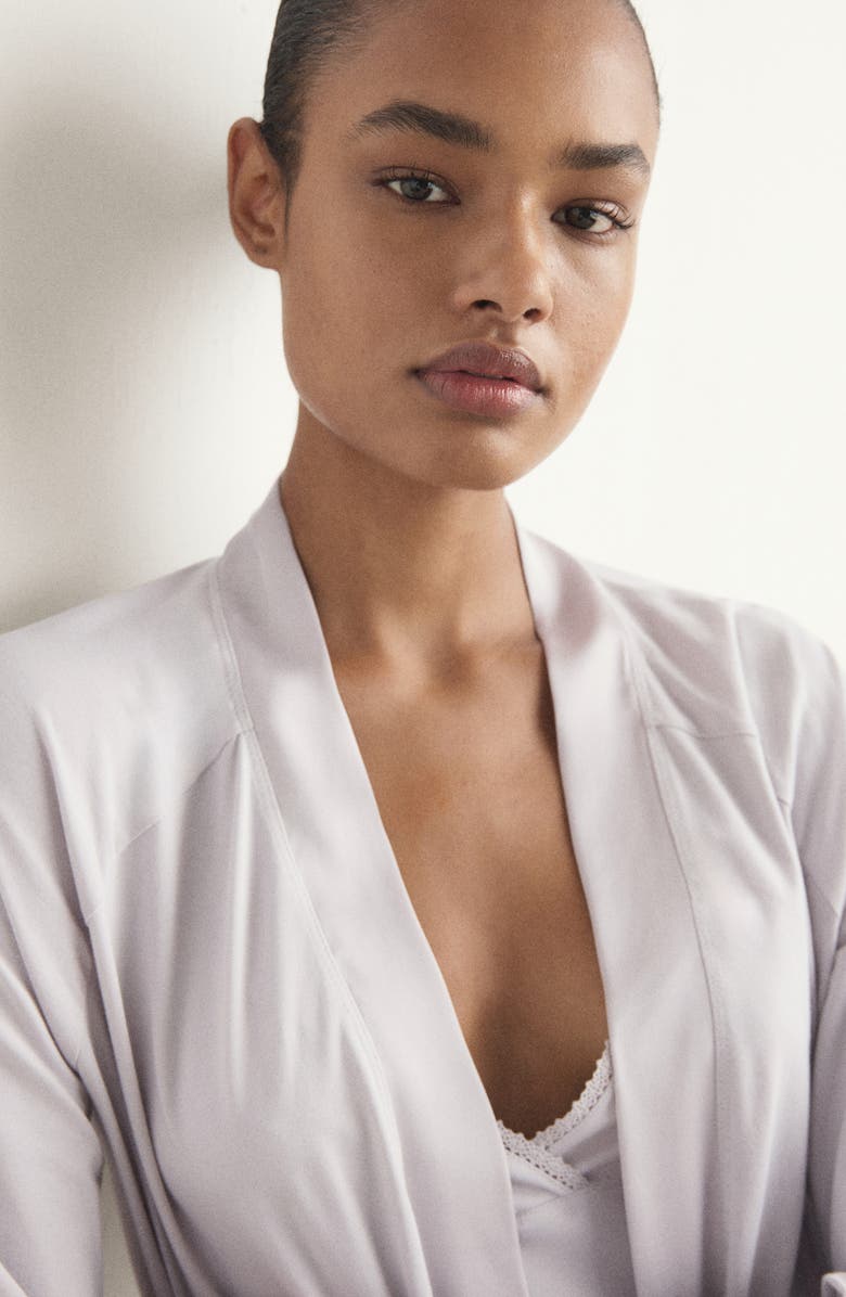 MANGO Satin Trim Cotton Blend Robe, Alternate, color, Light/ Pastel Grey