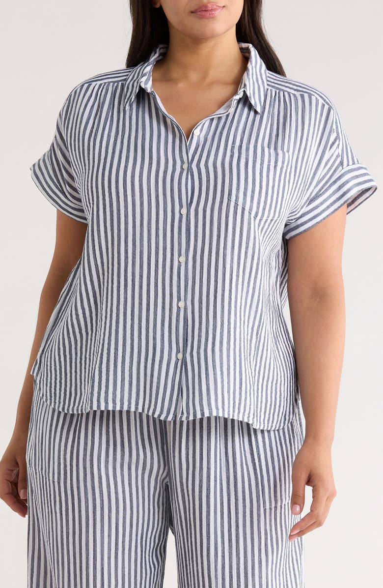 Caslon<sup>®</sup> Cotton Gauze Button-Up Shirt, Main, color, Navy- White Brianne Stripe