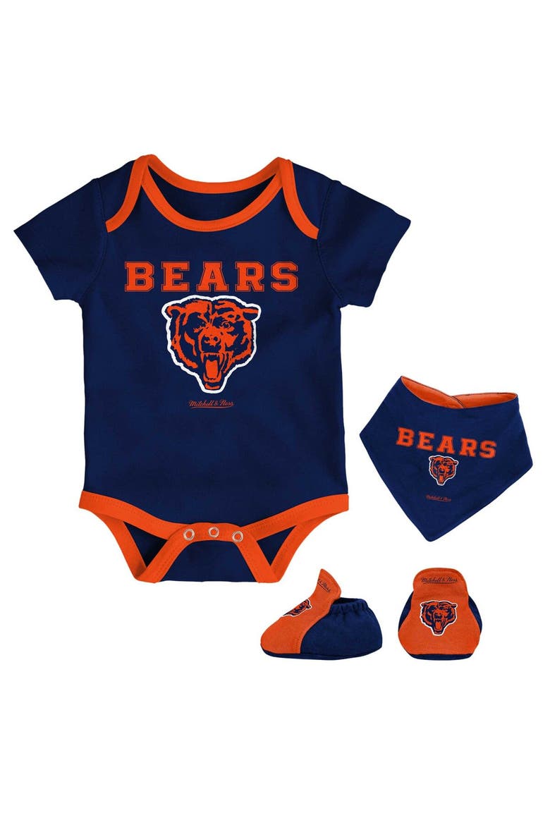 Newborn & Infant Mitchell & Ness Navy/Orange Chicago Bears Throwback Bodysuit Bib & Booties Set, Main, color, Navy