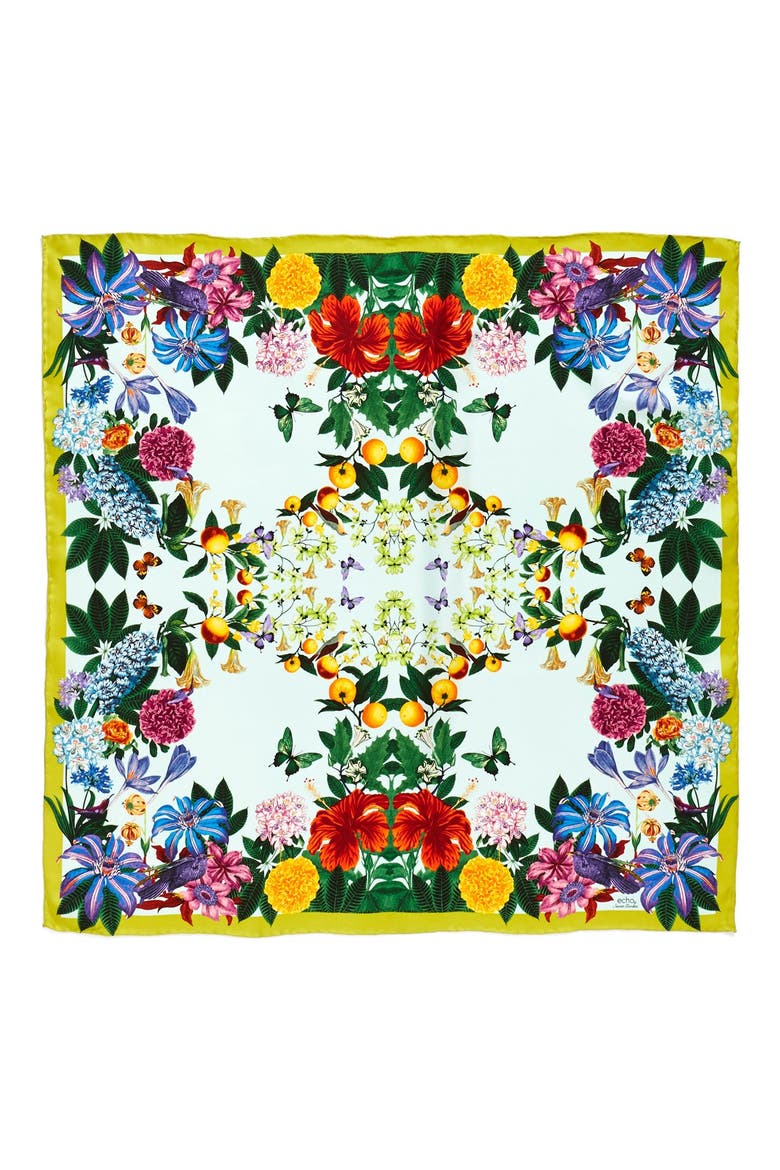 'Secret Garden' Silk Square Scarf, Alternate, color, SEA MIST