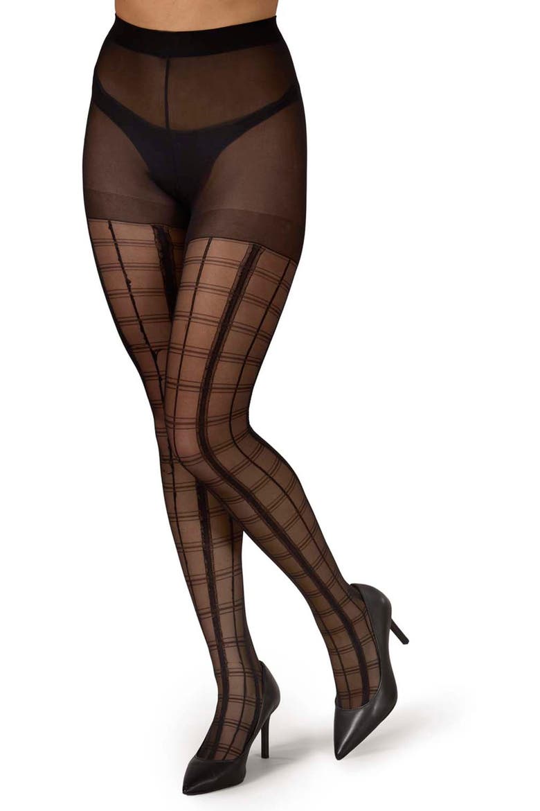 Plaid Sheer Tights, Alternate, color, BLACK