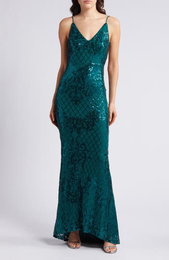 LULUS LULUS GLOWING ALL NIGHT EMERAL SEQUIN SLEEVELESS MERMAID GOWN