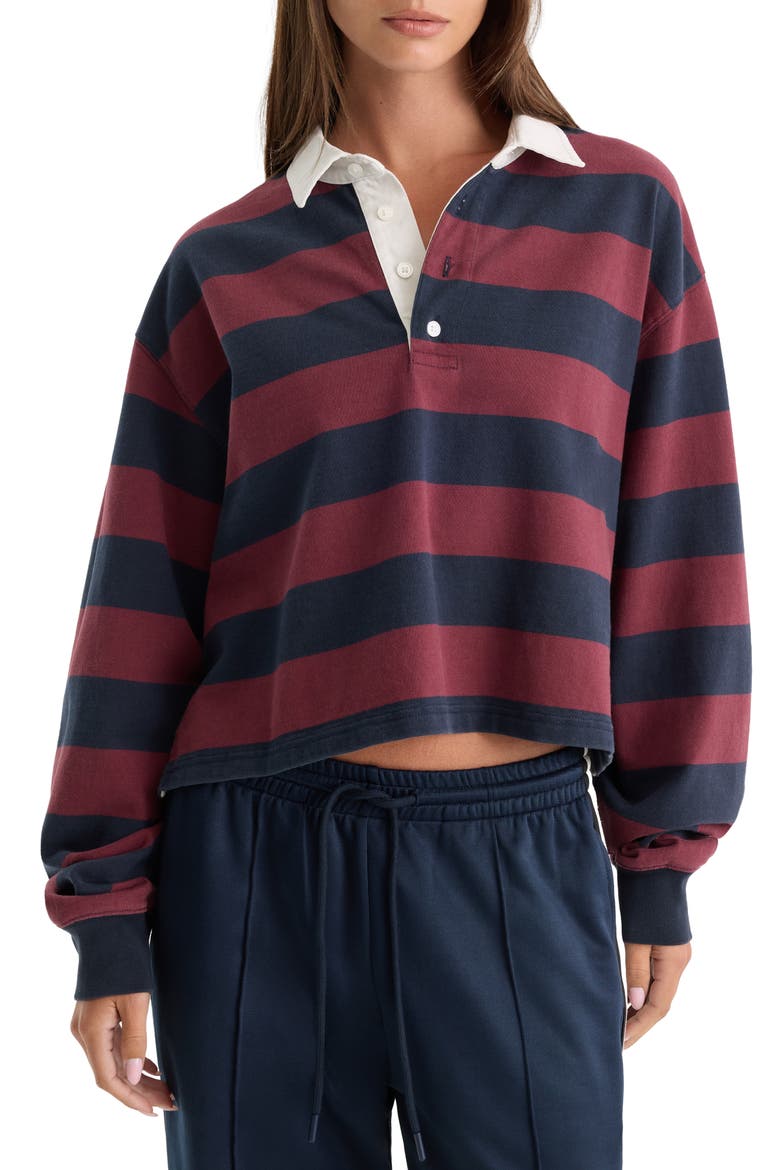 The Cropped Stripe Long Sleeve Rugby Shirt, Main, color, NAVY BERRY NOIR BLOCK STRIPE