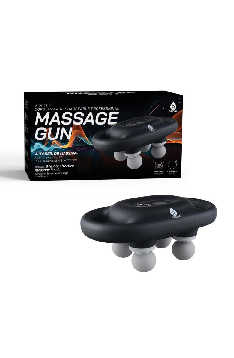 PURSONIC 9-Speed Deep Tissue Massage Gun - Cordless With 8Pro Massage Heads, Main, color, Black