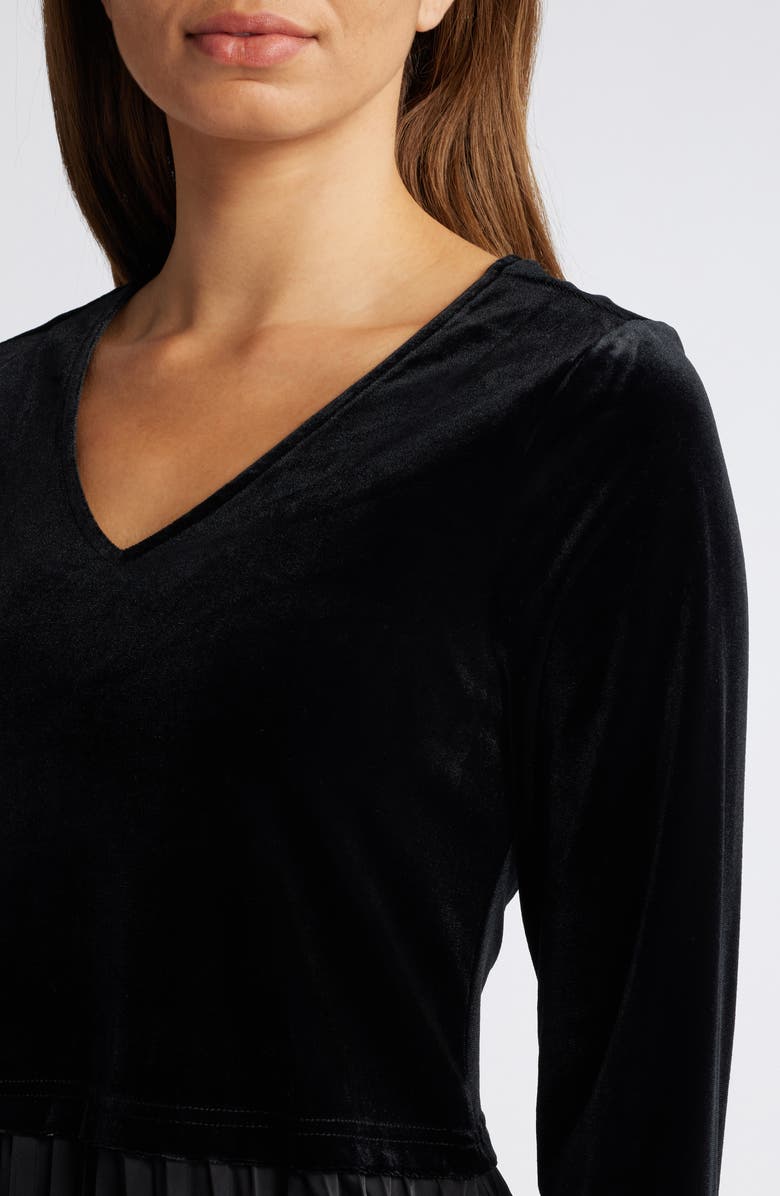 Sam Edelman Pleated Ling Sleeve Mixed Media Velvet Minidress, Alternate, color, Black