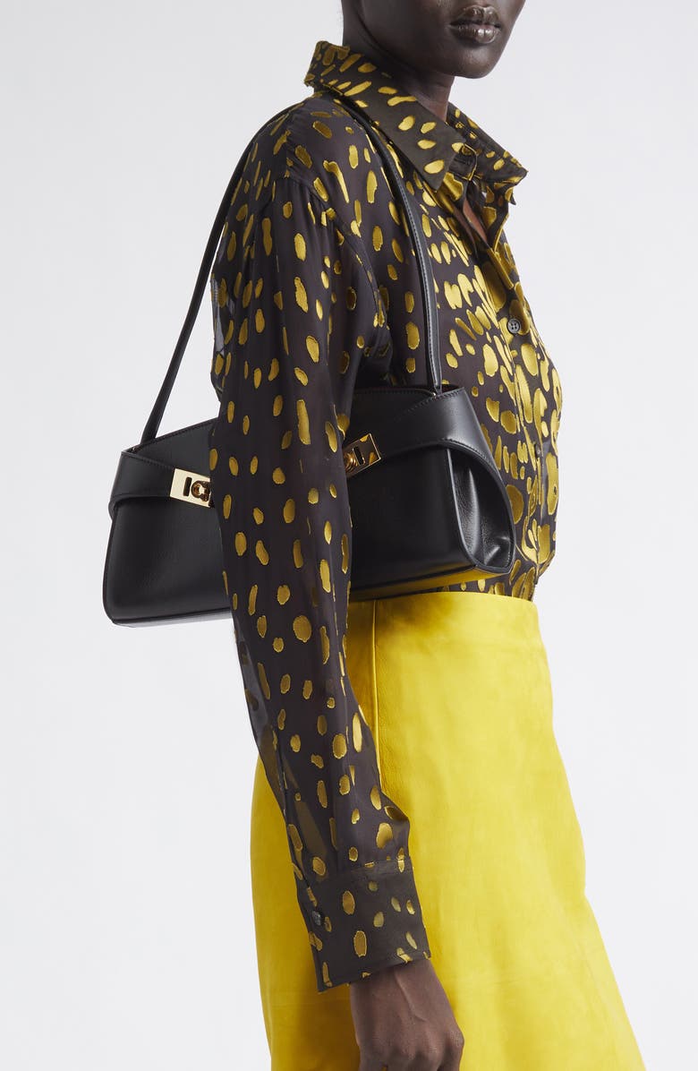 FERRAGAMO Hug Leather East/West Shoulder Bag, Alternate, color, Nero Borgogna