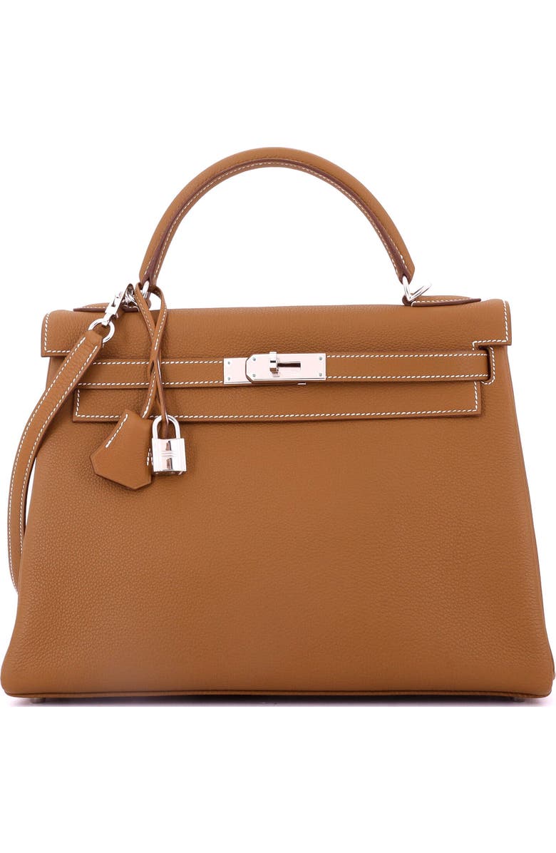 Pre-Owned Hermes Kelly Handbag Brown Togo with Palladium Hardware 32, Main, color, Gold