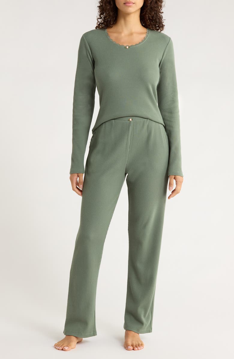 Papinelle Claire Waffle Knit Pajamas, Main, color, Moss
