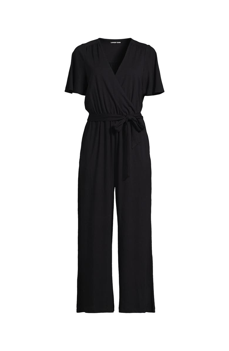 Lands' End Cotton Modal Tie Waist V Neck Jumpsuit, Alternate, color, Black