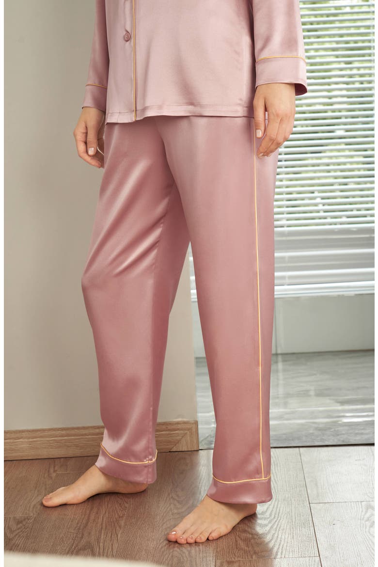 Women's Gold Piping Silk Pajamas Set, Alternate, color, Rosy Pink