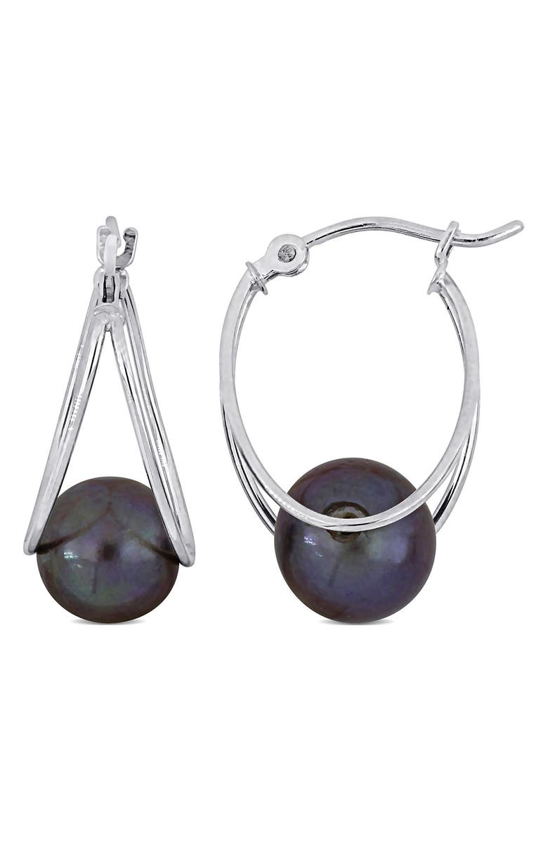 DELMAR Sterling Silver 8-8.5mm Black Tahitian Cultured Pearl Drop Earrings, Main, color, Black